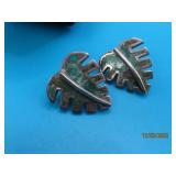 Sterling Artisan Signed Turqoise Leaf Earrings 14g