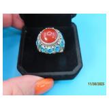Sterling Carnelian Peacock Enamel sz6 Ring 9.5g