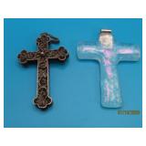 (2) CROSS 2.25" Pendants Glass & Filagree