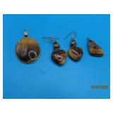 (3pcs) Tiger Eye HeartEarrings + 2-Pendants Jewels