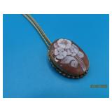 12kt GF vtg 1.25" Flower Cameo + Necklace NICE