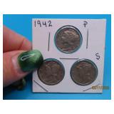 (3) 1942 p/d/s Mercury Silver Dime US Set