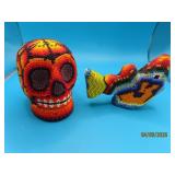 (2) SKULL & FISH Huichol 3.5"ish Beaded Figures ai