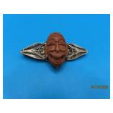 antique NOH Mask Wooden Carved 2" Pin 5.9g