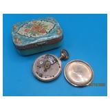 antique 2.5" Tin w/ Pocket Watch parts