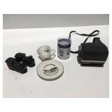 Vintage items, Polaroid camera, Apollo, glass,