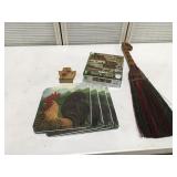Miscellaneous items, puzzle broom, tin rooster