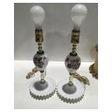 Two vintage handpainted milk, glass lamps