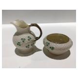 Belleek shamrock basket weave creamer, and sugar