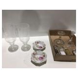 Painted bowls, salt, and pepper, shakers, candle,