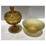 Amber glass items, compote, and bowl