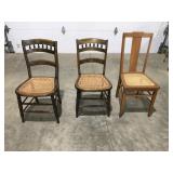 3  cane bottom wood chairs
