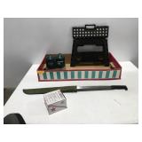 Machete, propane fuel & air pump, step stool