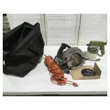 Tool bag paint, sprayer circular saw & light