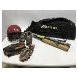 Softball bag w/bats, helmet glove & shoes