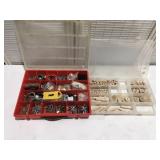 2 plastic containers, hardware, and wood items