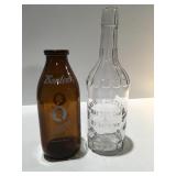 Vintage milk, bottle, and whiskey bottle