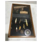 Display case, vintage fishing, turkey, calls, and