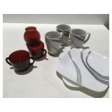 Corelle plates and cups and red glass items