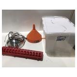 Tote with work light chicken, feeder funnel