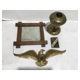 Vintage items lamp part. mirror, tobacco tin