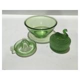 Green glass, juicer, bowl, swan covered dish
