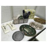 Tin platters, flowered file tote, two coat hooks