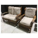 Wood loveseat and chair with cushions
