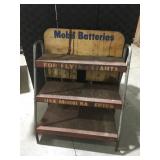 Vintage Mobil batteries, metal stand 35ï¿½ x  42ï¿½