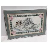 Framed cross stitch, swans