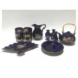 Vintage blue peacock, Japanese tea and sake set