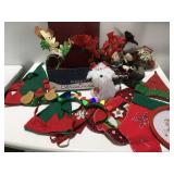 Christmas stockings, hats, antlers and decor