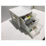 3 drawer, plastic cabinet with contents