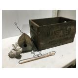 Vintage Mansfield wood crate birdhouse & more