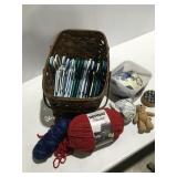 Basket, yarn hangers, sewing items