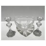 Cut glass triangle bowl and candlesticks