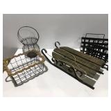 Metal and wood decor, sleigh baskets