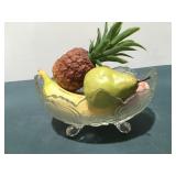 Glass fruit bowl, plastic fruit