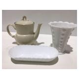 Milk, glass items & tea pot