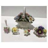 Glass, flower arrangements & bell