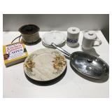 Kitchen items, plates, crockpot plastic platters