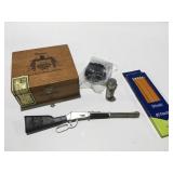 Miscellaneous items, cigar box gun lock, cap gun