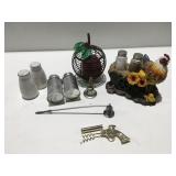 Gun shaped corkscrew, salt and pepper shakers and