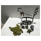 Metal chicken basket, and decor items, beanbag