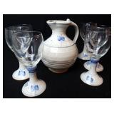 Vtg Stoneware Pitcher Vase w Matching Goblets(6)