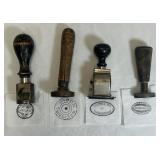 (4) Antique Date and Name Stamps Brass & Wood