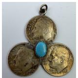 Vintage 3 Silver Dimes & Turquoise Pendant