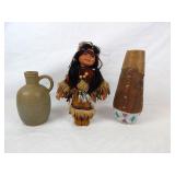(3) Vintage Indian Motif Items- Vase, Doll, Jug