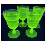 EAPG Vaseline Uranium Glass Wildflower Goblets (4)