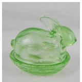 Vintage Green Pressed Glass Rabbit Trinket Jar
